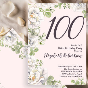 Convite de Aniversário de 100 anos Rosa Floral Peô