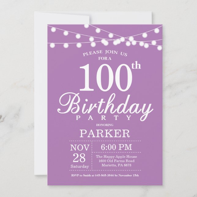 Convite de Aniversário de 100 anos Roxo Lavanda Li (Frente)