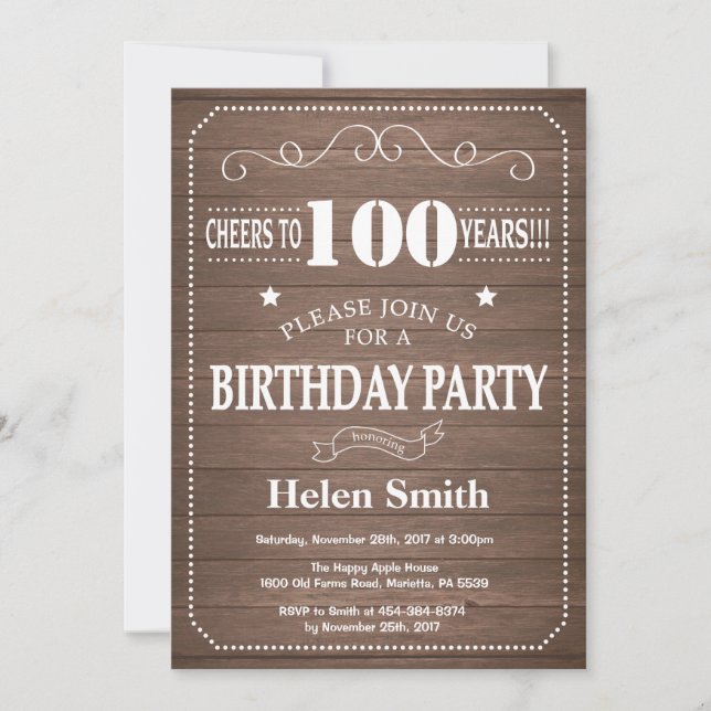 Convite de Aniversário de 100 anos Rústico (Frente)