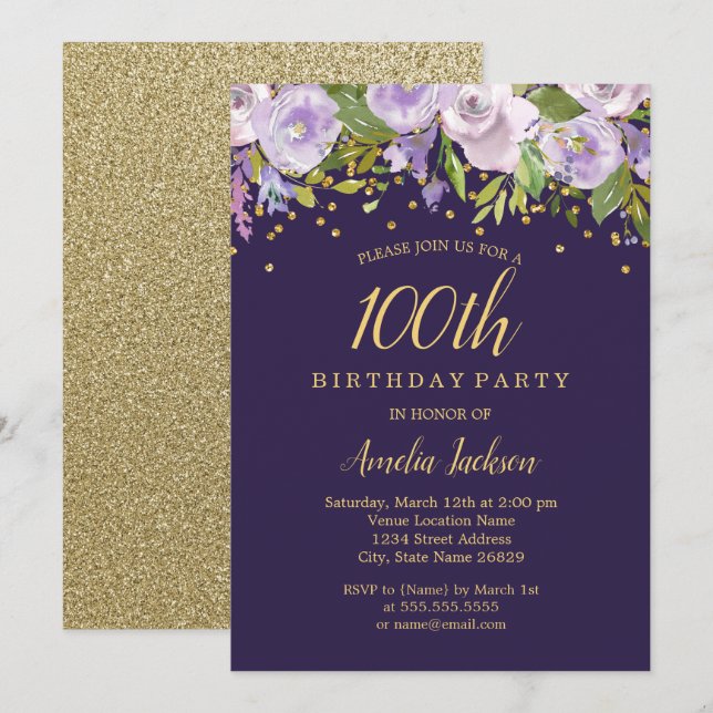 Convite de Aniversário de 100 anos Sparkle Floral  (Frente/Verso)