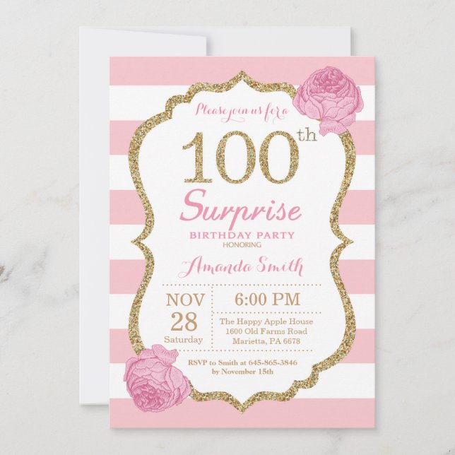 Convite de Aniversário de 100 anos Surpresa Rosa e (Frente)
