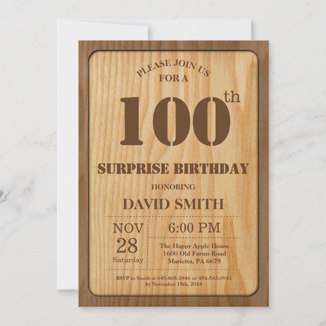 Convite de Aniversário de 100 anos Surpresa Rústic (Frente)