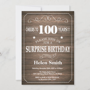 Convite de Aniversário de 100 anos Surpresa Rústic