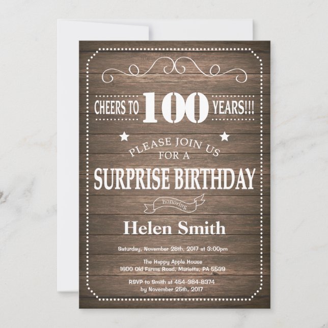 Convite de Aniversário de 100 anos Surpresa Rústic (Frente)
