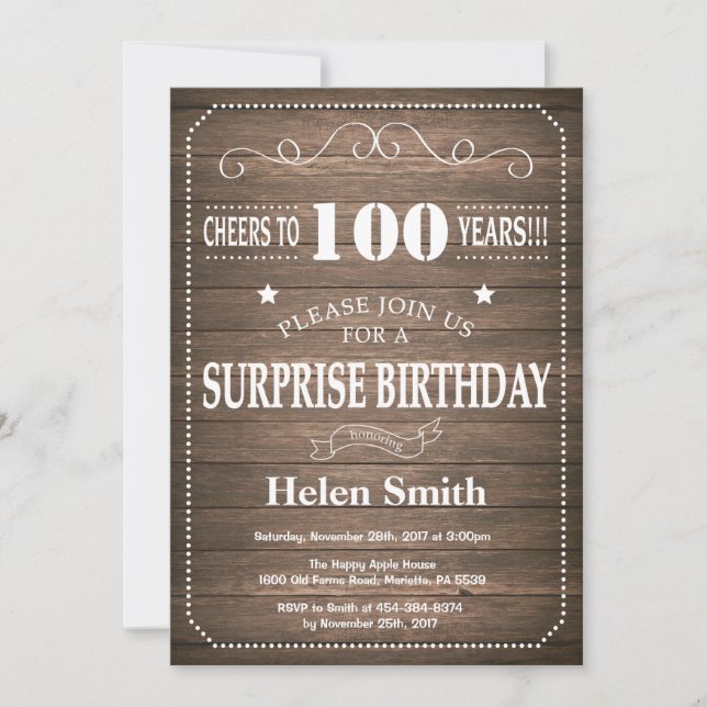 Convite de Aniversário de 100 anos Surpresa Rústic (Frente)