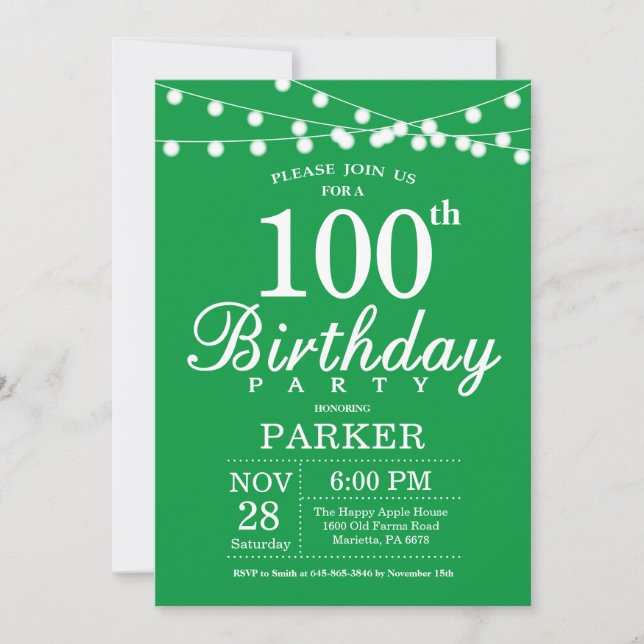 Convite de Aniversário de 100 anos Verde (Frente)