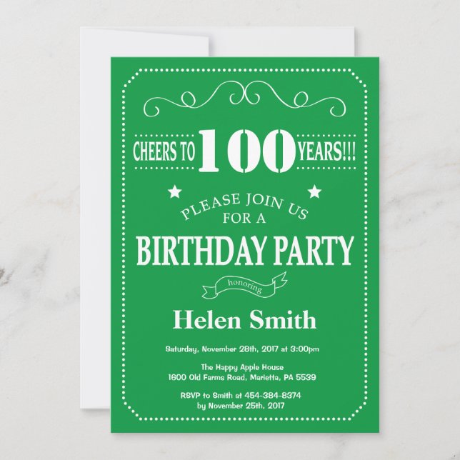 Convite de Aniversário de 100 anos Verde e Branco (Frente)