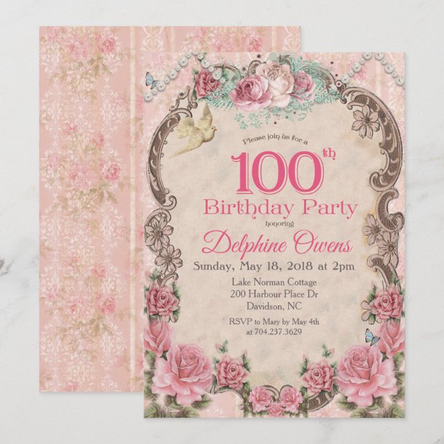 Convite de Aniversário de 100 anos Vintage Centená (Frente/Verso)