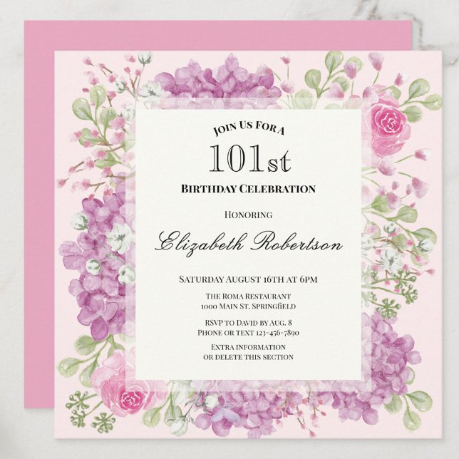 Convite de Aniversário de 101 Anos Elegantes Flore (Criador carregado)