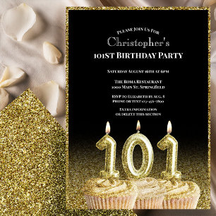 Convite de Aniversário de 101 anos Preto e Dourado