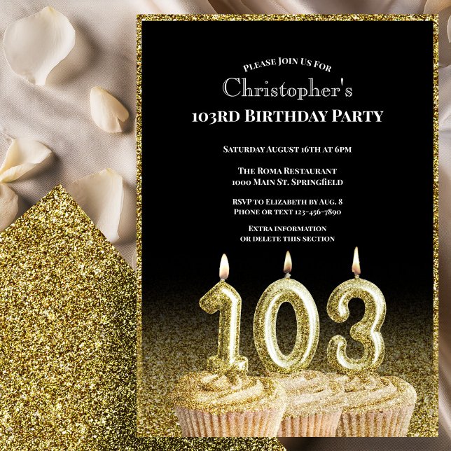 Convite de Aniversário de 103 anos Preto e Dourado (Criador carregado)