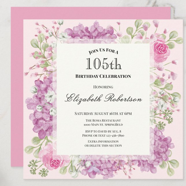 Convite de Aniversário de 105 Anos Elegantes Flore (Criador carregado)
