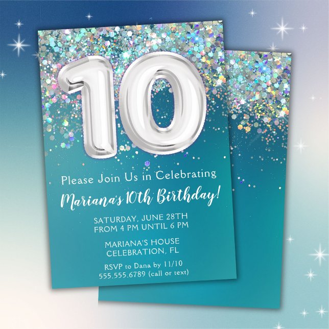 Convite de Aniversário de 10 anos Brilho Teal Prat (Criador carregado)