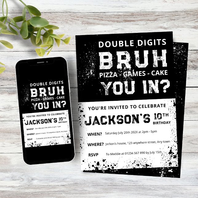 Convite de Aniversário de 10 Anos 'BRUH' para Meni (Boys Double Digit 10th Birthday Invitation, Black and White Grunge design)