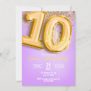 Convite de Aniversário de 10 anos com Brilho Roxo