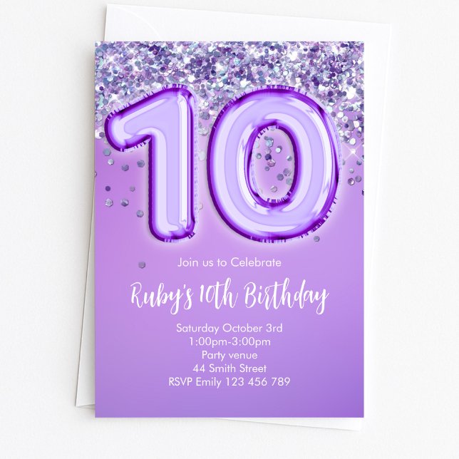 Convite de Aniversário de 10 anos com Brilho Roxo (Criador carregado)