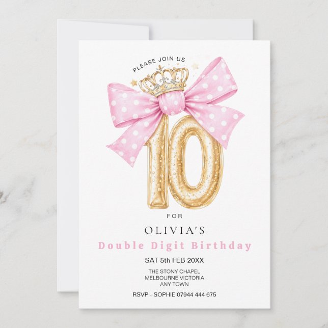 Convite de Aniversário de 10 anos com Laço de Dígi (Frente)