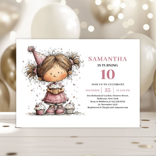 Convite de Aniversário de 10 Anos da Menina Capric (Whimsical Girl 10th Birthday Invitation Dusty Pink)