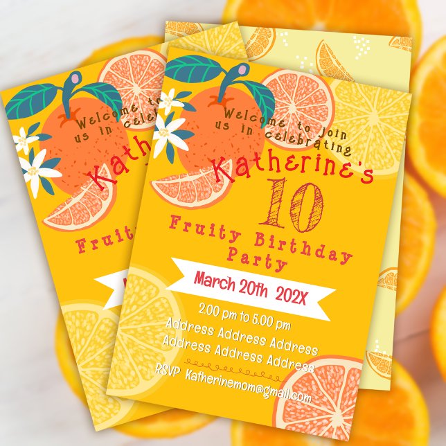 Convite de Aniversário de 10 anos Laranja Frutado (Orange Fruity Birthday Invitation Card.)