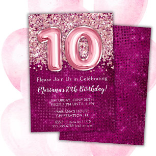 Convite de Aniversário de 10 Anos Menina Brilho Ro