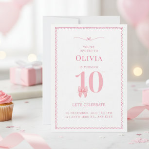 Convite de Aniversário de 10 Anos Menina Laço Rosa