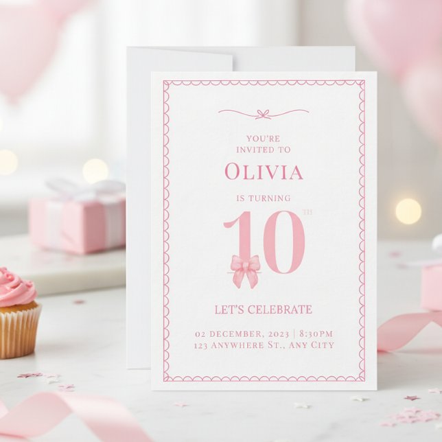 Convite de Aniversário de 10 Anos Menina Laço Rosa (Criador carregado)