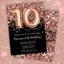 Convite de Aniversário de 10 Anos Preto Rosa Doura