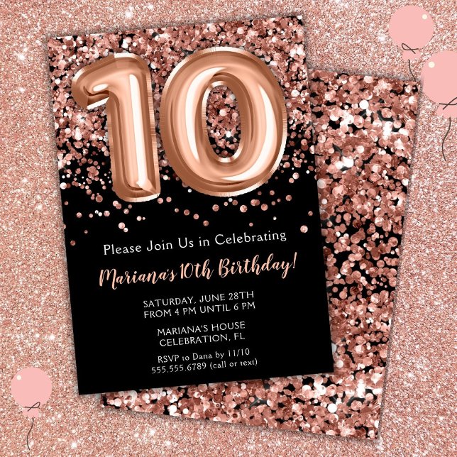 Convite de Aniversário de 10 Anos Preto Rosa Doura (Criador carregado)