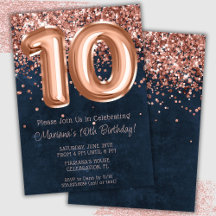 Convite de Aniversário de 10 Anos Rose Gold Azul N