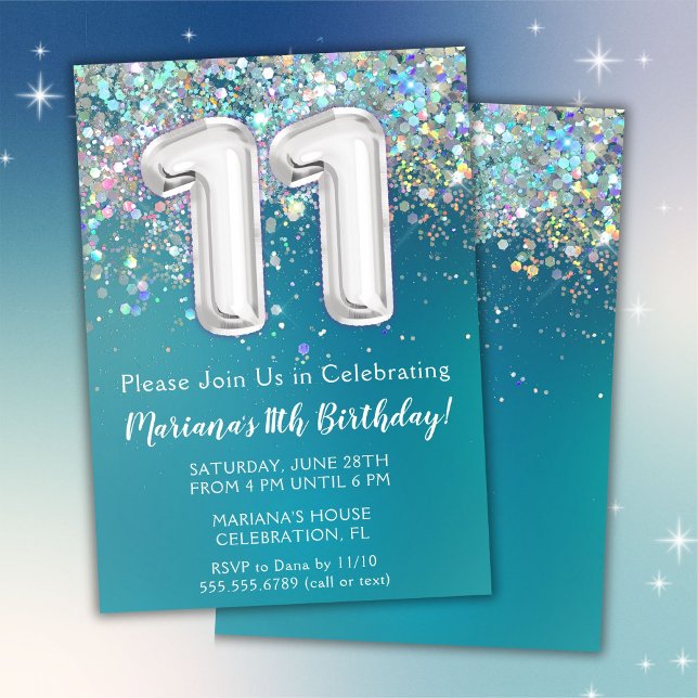 Convite de Aniversário de 11 anos Brilho Teal Prat (Criador carregado)