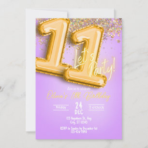 Convite de Aniversário de 11 anos com Brilho Roxo