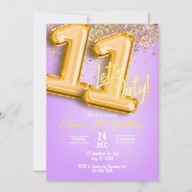 Convite de Aniversário de 11 anos com Brilho Roxo (Frente)