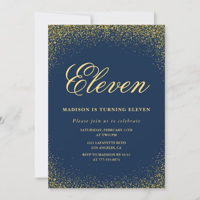 Convite de aniversário de 11 anos elegante Dourado (Frente)