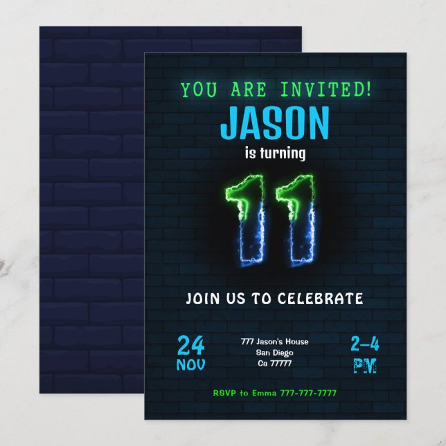 Convite de Aniversário de 11 Anos para Menino (Frente/Verso)
