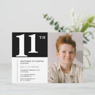 Convite de aniversário de 11 anos Preto Branco Chi