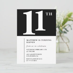 Convite de aniversário de 11 anos Preto e Branco C
