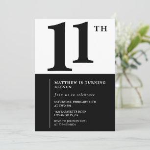 Convite de aniversário de 11 anos Preto e Branco S