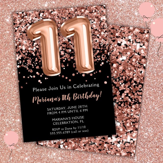 Convite de Aniversário de 11 anos Preto Rosa Doura (Criador carregado)