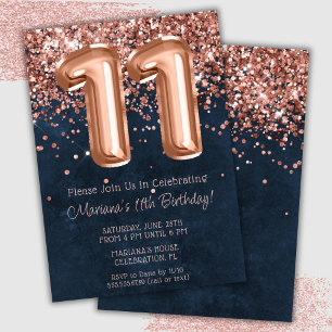 Convite de Aniversário de 11 Anos Rose Gold Azul N
