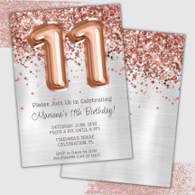 Convite de Aniversário de 11 Anos Rose Gold Silver