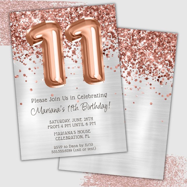 Convite de Aniversário de 11 Anos Rose Gold Silver (Criador carregado)