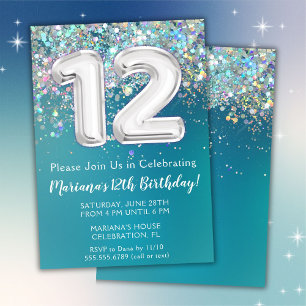 Convite de Aniversário de 12 anos Brilho Teal Prat