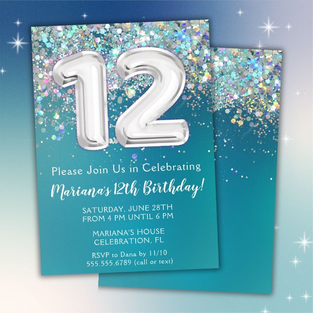 Convite de Aniversário de 12 anos Brilho Teal Prat (Criador carregado)
