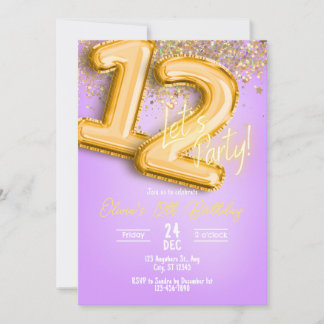 Convite de Aniversário de 12 anos com Brilho Roxo