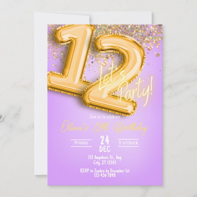 Convite de Aniversário de 12 anos com Brilho Roxo (Frente)
