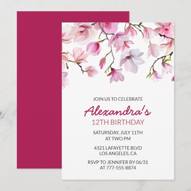 Convite de aniversário de 12 anos Floral Aquarela  (Frente/Verso)