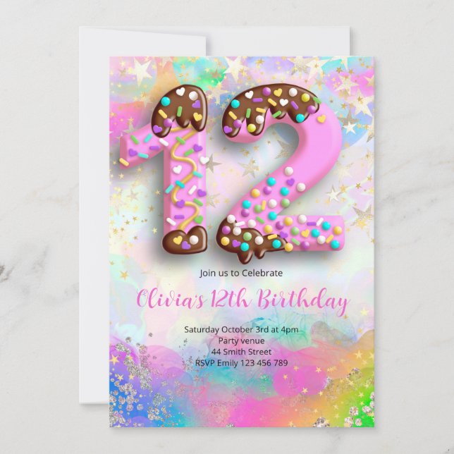 Convite de Aniversário de 12 Anos para Meninas (Frente)