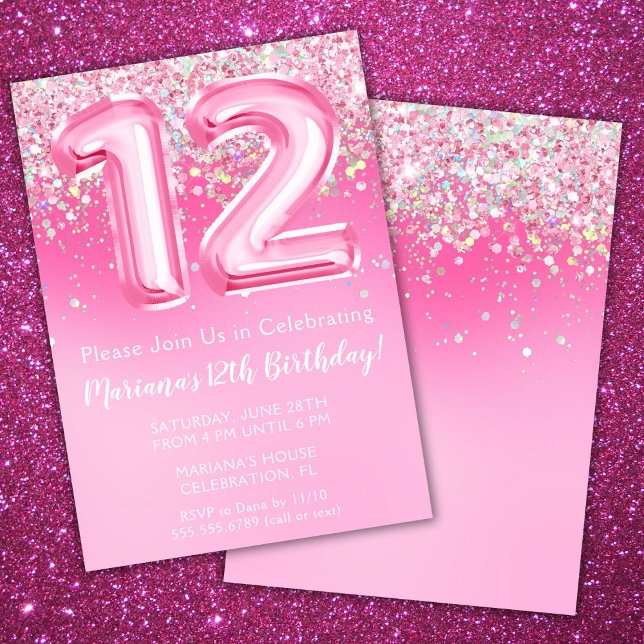 Convite de Aniversário de 12 Anos Rosa Brilho Femi (Criador carregado)