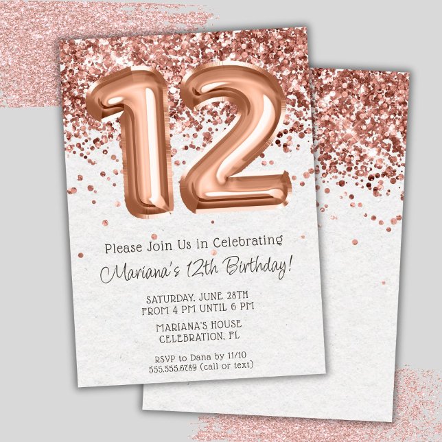 Convite de Aniversário de 12 Anos Rose Gold (Criador carregado)