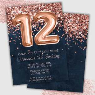 Convite de Aniversário de 12 Anos Rose Gold Navy B